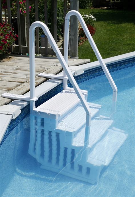 Above ground pool steps for decks - Economical and practical, the Opera is easy to install and adapts easily to above ground pools 48″ to 54″ with a flat bottom. With step cups, deck supports, and a front-loading ballast to facilitate winterizing. As the space between the interior wall of the pool and the step is secure, the Opera provides additional protection for young children. It can also be …